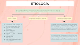 ETIOLOGÍA
Existen tres formas fundamentales de transmisión de la hepatitis B:
Percutánea:
● contacto con sangre o
productos sanguíneos
● agujas contaminadas
● Jeringas
● Instrumentos
● Hemodiálisis
● abuso de drogas
intravenosas
● cirugía oral
● Tatuajes
● Perforaciones (piercing)
● acupuntura.
Contacto íntimo o sexual. Transmisión perinatal.
La tasa de infección de los bebés nacidos de madres
positivas para el antígeno de superficie de la
hepatitis B (HBsAg) es tan alta como el 90 % entre
los bebés que no reciben inmunoglobulina contra la
hepatitis B ni vacuna contra la hepatitis B al nacer.
La transmisión de madre a hijo puede ocurrir en el
útero, en el momento del nacimiento o después del
nacimiento. Sin embargo, la mayoría de las
infecciones ocurren en el momento del nacimiento.
 