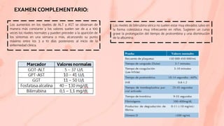 EXAMEN COMPLEMENTARIO:
Los aumentos en los niveles de ALT y AST se observan de
manera más constante y los valores suelen ser de 4 a 100
veces los niveles normales y pueden preceder a la aparición de
los síntomas en una semana o más, alcanzando su punto
máximo entre los 3 a 10 días posteriores al inicio de la
enfermedad clínica.
Los niveles de bilirrubina sérica no suelen estar muy elevados salvo en
la forma colestásica muy infrecuente en niños. Sugieren un curso
grave la prolongación del tiempo de protrombina y una disminución
de la albúmina.
 