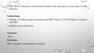 • HDV RNA is detected in blood and liver before and early days of acute phase of both
infections.
Epidemiology
• Globally- 15 million people are infected with HDV- where 5% of 350 million are infected
with HBV.
• Infection occurs world wide.
Treatment
-IFN-a
Prevention
HBV vaccination and prophylaxis measures.
 