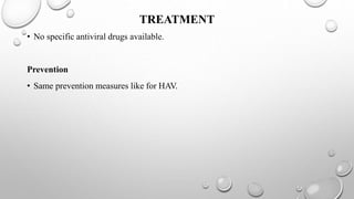 TREATMENT
• No specific antiviral drugs available.
Prevention
• Same prevention measures like for HAV.
 