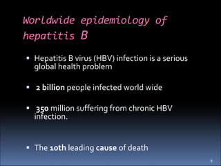 Worldwide epidemiology of
hepatitis B
 Hepatitis B virus (HBV) infection is a serious
global health problem
 2 billion p...