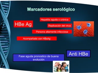 Hepatitis aguda o crónica

HBe Ag                  Replicación del virus

              Persona altamente infecciosa

    Acompañado con HBsAg




 Fase aguda pronostico de buena
                                              Anti HBe
           evolución
 