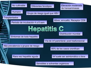 No cultivable
        No cultivable      Diferentes fenotipos
                           Diferentes fenotipos           Elevación moderada
                                                           Elevación moderada
                                                          de transaminasas
                                                           de transaminasas
        Humano
        Humano
                        Grupo de riesgo igual que HBV
                        Grupo de riesgo igual que HBV
Trasplantados
 Trasplantados
                                                   60nm, envuelto, Receptor CD8
                                                    60nm, envuelto, Receptor CD8
       Periodo de incubación 4 a 8 sem
       Periodo de incubación 4 a 8 sem



                                                         Distribución mundial
                                                         Distribución mundial
      Síntomas de toda hepatitis
      Síntomas de toda hepatitis
                                        Vía de inf parenteral, post trasfunsional
                                        Vía de inf parenteral, post trasfunsional

Alta prevalencia a grupos de riesgo
Alta prevalencia a grupos de riesgo
                                              85% de los casos cronifican
                                               85% de los casos cronifican


        Rara vez hepatitis aguda
        Rara vez hepatitis aguda                  Inf suele ser asintomático o leve
                                                   Inf suele ser asintomático o leve


                                Sensibles a solventes orgánicos
                                Sensibles a solventes orgánicos
 