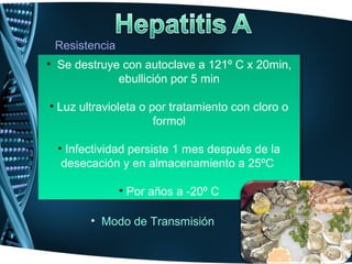 Resistencia
•• Se destruye con autoclave a 121º C x 20min,
   Se destruye con autoclave a 121º C x 20min,
              ebullición por 5 min
              ebullición por 5 min

•• Luz ultravioleta o por tratamiento con cloro o
   Luz ultravioleta o por tratamiento con cloro o
                       formol
                        formol

  •• Infectividad persiste 1 mes después de la
      Infectividad persiste 1 mes después de la
   desecación y en almacenamiento a 25ºC
    desecación y en almacenamiento a 25ºC

               •• Por años a -20º C
                  Por años a -20º C

        • Modo de Transmisión
 