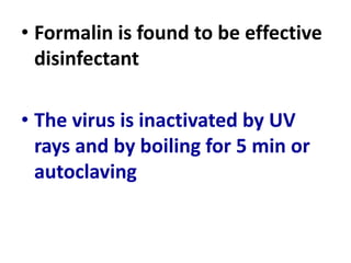 • Formalin is found to be effective
disinfectant
• The virus is inactivated by UV
rays and by boiling for 5 min or
autoclaving
 