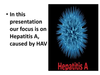 • In this
presentation
our focus is on
Hepatitis A,
caused by HAV
 