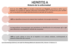 Entre los años 1950 y 1970, los estudios conducidos por Krugman, permitieron definir que la
hepatitis era causada por agentes infecciosos transmitidos por la vía fecal-oral, pero también
con la inoculación de sangre obtenida durante el periodo de incubación.
1973, se identificó el virus en la materia fecal mediante microscopía electrónica.
Se desarrollaron inmunoensayos que permitieron la identificación de anticuerpos IgG e IgM
para diferenciar una hepatitis A reciente de una previa.
1979 se pudo cultivar el virus de la hepatitis A en cultivos celulares, contribuyendo al
posterior desarrollo de la vacuna.
HEPATITIS A
Historia de la enfermedad
Juan Carlos Restrepo Gutiérrez1, Ana Isabel Toro Montoya,Medicina & Laboratorio 2011, Volumen 17, Números 1-2.
 