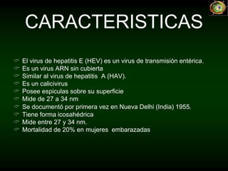 CARACTERISTICAS
 El virus de hepatitis E (HEV) es un virus de transmisión entérica.
 Es un virus ARN sin cubierta
 Similar al virus de hepatitis A (HAV).
 Es un calicivirus
 Posee espiculas sobre su superficie
 Mide de 27 a 34 nm
 Se documentó por primera vez en Nueva Delhi (India) 1955.
 Tiene forma icosahédrica
 Mide entre 27 y 34 nm.
 Mortalidad de 20% en mujeres embarazadas
 