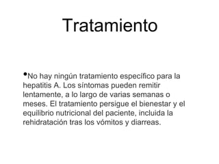 Tratamiento
•No hay ningún tratamiento específico para la
hepatitis A. Los síntomas pueden remitir
lentamente, a lo largo de varias semanas o
meses. El tratamiento persigue el bienestar y el
equilibrio nutricional del paciente, incluida la
rehidratación tras los vómitos y diarreas.
 