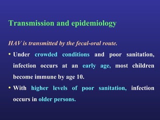 Transmission and epidemiology

HAV is transmitted by the fecal-oral route.
• Under crowded conditions and poor sanitation,
 infection occurs at an early age, most children
 become immune by age 10.
• With higher levels of poor sanitation, infection
 occurs in older persons.
 