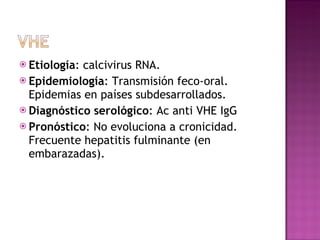 Etiología : calcivirus RNA. Epidemiología : Transmisión feco-oral. Epidemias en países subdesarrollados. Diagnóstico serológico : Ac anti VHE IgG Pronóstico : No evoluciona a cronicidad. Frecuente hepatitis fulminante (en embarazadas). 
