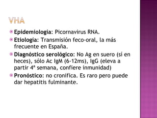 Epidemiología : Picornavirus RNA. Etiología : Transmisión feco-oral, la más frecuente en España. Diagnóstico serológico : No Ag en suero (sí en heces), sólo Ac IgM (6-12ms), IgG (eleva a partir 4ª semana, confiere inmunidad) Pronóstico : no cronifica. Es raro pero puede dar hepatitis fulminante. 