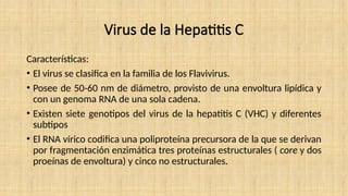 Virus de la Hepatitis C
Características:
• El virus se clasifica en la familia de los Flavivirus.
• Posee de 50-60 nm de diámetro, provisto de una envoltura lipídica y
con un genoma RNA de una sola cadena.
• Existen siete genotipos del virus de la hepatitis C (VHC) y diferentes
subtipos
• El RNA vírico codifica una poliproteína precursora de la que se derivan
por fragmentación enzimática tres proteínas estructurales ( core y dos
proeínas de envoltura) y cinco no estructurales.
 