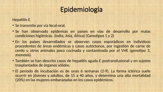 Epidemiología
Hepatitis E
• Se transmite por vía fecal-oral.
• Se han observado epidemias en países en vías de desarrollo por malas
condiciones higiénicas. (India, Asia, África) (Genotipos 1 y 2)
• En los países desarrollados se observan casos esporádicos en individuos
procedentes de áreas endémicas y casos autóctonos, por ingestión de carne de
cerdo u otros animales poco cocinada y contaminada por el VHE (genotipo 3,
zoonosis).
• También se han descrito casos de hepatitis aguda E postransfusional y en sujetos
trasplantados de órganos sólidos.
• El período de incubación es de unas 6 semanas (2-9). La forma ictérica suele
ocurrir en jóvenes y adultos, de 15 a 40 años, y determina una alta mortalidad
(20%) en las mujeres embarazadas en los casos epidémicos.
 