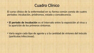 Cuadro Clínico
El curso clínico de la enfermedad en su forma común consta de cuatro
períodos: incubación, pródromos, estado y convalecencia.
• El período de incubación es el intervalo entre la exposición al virus y
la aparición de los primeros síntomas.
• Varía según cada tipo de agente y a la cantidad de viriones del inóculo
(partículas infecciosas).
 