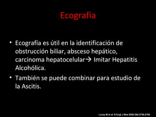 Ecografia
• Ecografía es útil en la identificación de
obstrucción biliar, absceso hepático,
carcinoma hepatocelular Imitar Hepatitis
Alcohólica.
• También se puede combinar para estudio de
la Ascitis.
Lucey M et al. N Engl J Med 2009;360:2758-2769
 