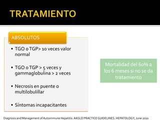 TRATAMIENTO Diagnosis and Management of Autoimmune Hepatitis. AASLDPRACTICEGUIDELINES. HEPATOLOGY, June 2010