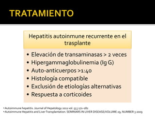 Autoimmune Hepatitis and LiverTransplantation. SEMINARS IN LIVER DISEASE/VOLUME 29, NUMBER 3 2009HEPATITIS AUTOINMUNE DE NOVOTrasplante hepático no inmune Ig G elevadaANA, SMA, anti-LKM-1Hepatitis de interface  Currenttopics in autoimmune hepatitis. Digestive and Liver Disease 42 (2010) 757–764