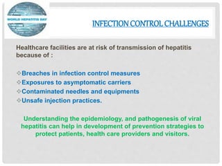 INFECTION CONTROLCHALLENGES
Healthcare facilities are at risk of transmission of hepatitis
because of :
Breaches in infection control measures
Exposures to asymptomatic carriers
Contaminated needles and equipments
Unsafe injection practices.
Understanding the epidemiology, and pathogenesis of viral
hepatitis can help in development of prevention strategies to
protect patients, health care providers and visitors.
 