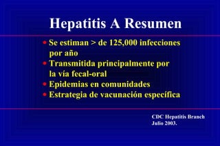 Hepatitis A Resumen
• Se estiman > de 125,000 infecciones
por año
• Transmitida principalmente por
la vía fecal-oral
• Epidemias en comunidades
• Estrategia de vacunación específica
CDC Hepatitis Branch
Julio 2003.
 