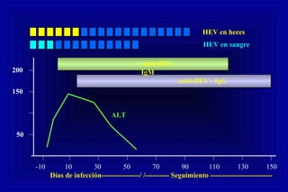 -10 10 30 50 70 90 110 130 150
50
150
200
ALT
Anti-HEV -
IgM
Anti-HEV - IgG
HEV en heces
HEV en sangre
Días de infección----------------/ /---------- Seguimiento --------------------------
 