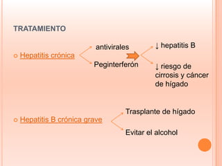 TRATAMIENTO

                           antivirales       ↓ hepatitis B
   Hepatitis crónica
                          Peginterferón      ↓ riesgo de
                                             cirrosis y cáncer
                                             de hígado


                                    Trasplante de hígado
   Hepatitis B crónica grave
                                    Evitar el alcohol
 