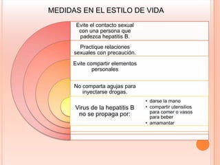 MEDIDAS EN EL ESTILO DE VIDA
       Evite el contacto sexual
        con una persona que
        padezca hepatitis B.
        Practique relaciones
      sexuales con precaución.
      Evite compartir elementos
              personales


      No comparta agujas para
         inyectarse drogas.
                                  • darse la mano
      Virus de la hepatitis B     • compartir utensilios
       no se propaga por:           para comer o vasos
                                    para beber
                                  • amamantar
 