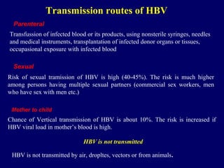 Transmission routes of HBV
Transfussion of infected blood or its products, using nonsterile syringes, needles
and medical instruments, transplantation of infected donor organs or tissues,
occupasional exposure with infected blood
Parenteral
Risk of sexual tramission of HBV is high (40-45%). The risk is much higher
among persons having multiple sexual partners (commercial sex workers, men
who have sex with men etc.)
Sexual
Mother to child
Chance of Vertical transmission of HBV is about 10%. The risk is increased if
HBV viral load in mother’s blood is high.
HBV is not transmitted
HBV is not transmitted by air, dropltes, vectors or from animals.
 