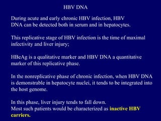 During acute and early chronic HBV infection, HBV
DNA can be detected both in serum and in hepatocytes.
This replicative stage of HBV infection is the time of maximal
infectivity and liver injury;
HBeAg is a qualitative marker and HBV DNA a quantitative
marker of this replicative phase.
In the nonreplicative phase of chronic infection, when HBV DNA
is demonstrable in hepatocyte nuclei, it tends to be integrated into
the host genome.
In this phase, liver injury tends to fall down.
Most such patients would be characterized as inactive HBV
carriers.
HBV DNA
 