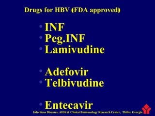 Drugs for HBV (FDA approved)
•INF
•Peg.INF
•Lamivudine
•Adefovir
•Telbivudine
•EntecavirInfectious Diseases, AIDS & Clinical Immunology Research Center, Tbilisi. Georgia
 
