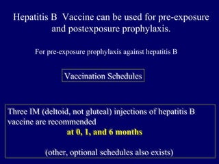 For pre-exposure prophylaxis against hepatitis B
Hepatitis B Vaccine can be used for pre-exposure
and postexposure prophylaxis.
Three IM (deltoid, not gluteal) injections of hepatitis B
vaccine are recommended
at 0, 1, and 6 months
(other, optional schedules also exists)
Three IM (deltoid, not gluteal) injections of hepatitis B
vaccine are recommended
at 0, 1, and 6 months
(other, optional schedules also exists)
Vaccination SchedulesVaccination Schedules
 