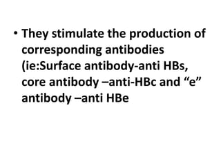 • They stimulate the production of
corresponding antibodies
(ie:Surface antibody-anti HBs,
core antibody –anti-HBc and “e”
antibody –anti HBe
 
