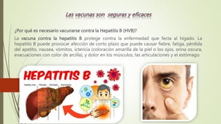 ¿Por qué es necesario vacunarse contra la Hepatitis B (HVB)?
La vacuna contra la hepatitis B protege contra la enfermedad que fecta al hígado. La
hepatitis B puede provocar afección de corto plazo que puede causar fiebre, fatiga, pérdida
del apetito, nausea, vómitos, ictericia (coloración amarilla de la piel o los ojos, orina oscura,
evacuaciones con color de arcilla), y dolor en los músculos, las articulaciones y el estómago.
 