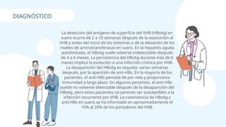 DIAGNÓSTICO
La detección del antígeno de superficie del VHB (HBsAg) en
suero ocurre de 2 a 10 semanas después de la exposición al
VHB y antes del inicio de los síntomas o de la elevación de los
niveles de aminotransferasas en suero. En la hepatitis aguda
autolimitada, el HBsAg suele volverse indetectable después
de 4 a 6 meses. La persistencia del HBsAg durante más de 6
meses implica la evolución a una infección crónica por VHB.
La desaparición del HBsAg es seguida, varias semanas
después, por la aparición de anti-HBs. En la mayoría de los
pacientes, el anti-HBs persiste de por vida y proporciona
inmunidad a largo plazo. En algunos pacientes, el anti-HBs
puede no volverse detectable después de la desaparición del
HBsAg, pero estos pacientes no parecen ser susceptibles a la
infección recurrente por VHB. La coexistencia de HBsAg y
anti-HBs en suero se ha informado en aproximadamente el
10% al 20% de los portadores del VHB.
 