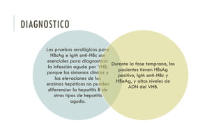 DIAGNOSTICO
Las pruebas serológicas para
HBsAg e IgM anti-HBc son
esenciales para diagnosticar
la infección aguda por VHB,
porque los síntomas clínicos y
las elevaciones de las
enzimas hepáticas no pueden
diferenciar la hepatitis B de
otros tipos de hepatitis
aguda.
Durante la fase temprana, los
pacientes tienen HBsAg
positivo, IgM anti-HBc y
HBeAg, y altos niveles de
ADN del VHB.
 