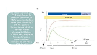 La infección crónica por
VHB se define por la
detección persistente de
HBsAg durante más de 6
meses, junto con una IgG
anti-HBc positiva.
Durante la fase inicial, se
detectan niveles
elevados de HBeAg y
ADN del VHB, aunque en
fases posteriores se
presentan niveles
variables de anti-HBe y
ADN del VHB
 