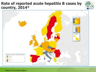 Rate of reported acute hepatitis B cases by
country, 2014*
*Data for UK exclude Scotland
 