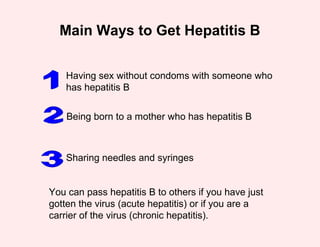 Main Ways to Get Hepatitis B

    Having sex without condoms with someone who
    has hepatitis B


    Being born to a mother who has hepatitis B



    Sharing needles and syringes


You can pass hepatitis B to others if you have just
gotten the virus (acute hepatitis) or if you are a
carrier of the virus (chronic hepatitis).
 