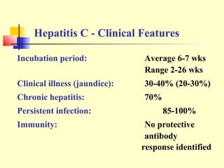 Hepatitis C - Clinical Features
Incubation period:

Average 6-7 wks
Range 2-26 wks

Clinical illness (jaundice):

30-40% (20-30%)

Chronic hepatitis:

70%

Persistent infection:
Immunity:

85-100%
No protective
antibody
response identified

 