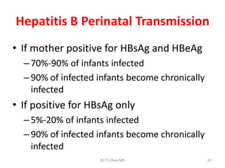 Hepatitis B Perinatal Transmission
• If mother positive for HBsAg and HBeAg
–70%-90% of infants infected
–90% of infected infants become chronically
infected
• If positive for HBsAg only
–5%-20% of infants infected
–90% of infected infants become chronically
infected
*in the absence of postexposure prophylaxisDr.T.V.Rao MD 22
 