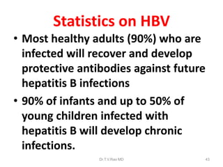 Statistics on HBV
• Most healthy adults (90%) who are
infected will recover and develop
protective antibodies against future
hepatitis B infections
• 90% of infants and up to 50% of
young children infected with
hepatitis B will develop chronic
infections.
Dr.T.V.Rao MD 43
 