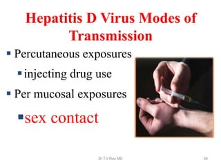  Percutaneous exposures
injecting drug use
 Per mucosal exposures
sex contact
Hepatitis D Virus Modes of
Transmission
Dr.T.V.Rao MD 58
 