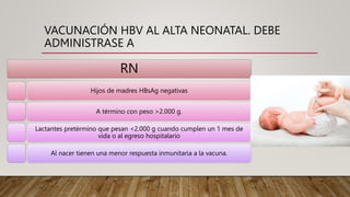 VACUNACIÓN HBV AL ALTA NEONATAL. DEBE
ADMINISTRASE A
RN
Hijos de madres HBsAg negativas
A término con peso >2.000 g.
Lactantes pretérmino que pesan <2.000 g cuando cumplen un 1 mes de
vida o al egreso hospitalario
Al nacer tienen una menor respuesta inmunitaria a la vacuna.
 