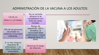 ADMINISTRACIÓN DE LA VACUNA A LOS ADULTOS:
1,0 ml i.m.
Dosis a 1 y 6 meses.
No se necesita
refuerzo si se
completaron con
éxito las series
iniciales.
10% de las personas
vacunadas no
obtienen inmunidad
suficiente.
Riesgo de
exposición alto y
duradero, la
inmunidad debe
confirmarse 2 meses
después de la 3º
dosis.
Si no hay ninguna
respuesta de
anticuerpos = no
tiene protección
inmunitaria
Disminuir el riesgo
de infección.
 
