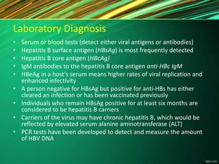 Laboratory Diagnosis
• Serum or blood tests (detect either viral antigens or antibodies)
• Hepatitis B surface antigen (HBsAg) is most frequently detected
• Hepatitis B core antigen (HBcAg)
• IgM antibodies to the hepatitis B core antigen anti-HBc IgM
• HBeAg in a host's serum means higher rates of viral replication and
enhanced infectivity
• A person negative for HBsAg but positive for anti-HBs has either
cleared an infection or has been vaccinated previously
• Individuals who remain HBsAg positive for at least six months are
considered to be hepatitis B carriers
• Carriers of the virus may have chronic hepatitis B, which would be
reflected by elevated serum alanine aminotransferase (ALT)
• PCR tests have been developed to detect and measure the amount
of HBV DNA
 