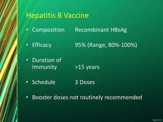 Hepatitis B Vaccine
• Composition Recombinant HBsAg
• Efficacy 95% (Range, 80%-100%)
• Duration of
Immunity >15 years
• Schedule 3 Doses
• Booster doses not routinely recommended
 