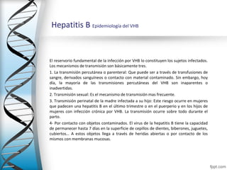 Hepatitis B Epidemiología del VHB


El reservorio fundamental de la infección por VHB lo constituyen los sujetos infectados.
Los mecanismos de transmisión son básicamente tres.
1. La transmisión percutánea o parenteral: Que puede ser a través de transfusiones de
sangre, derivados sanguíneos o contacto con material contaminado. Sin embargo, hoy
día, la mayoría de las transmisiones percutáneas del VHB son inaparentes o
inadvertidas.
2. Transmisión sexual: Es el mecanismo de transmisión mas frecuente.
3. Transmisión perinatal de la madre infectada a su hijo: Este riesgo ocurre en mujeres
que padecen una hepatitis B en el último trimestre o en el puerperio y en los hijos de
mujeres con infección crónica por VHB. La transmisión ocurre sobre todo durante el
parto.
4- Por contacto con objetos contaminados. El virus de la hepatitis B tiene la capacidad
de permanecer hasta 7 días en la superficie de cepillos de dientes, biberones, juguetes,
cubiertos… A estos objetos llega a través de heridas abiertas o por contacto de los
mismos con membranas mucosas.
 