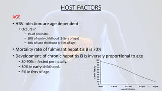 HOST FACTORS
AGE
• HBV infection are age dependent
• Occurs in
• 1% of perinatal
• 10% of early childhood (1-5yrs of age)
• 30% of late childhood (>5yrs of age)
• Mortality rate of fulminant hepatitis B is 70%
• Development of chronic hepatitis B is inversely proportional to age
• 80-90% infected perinatally.
• 30% in early childhood.
• 5% in 6yrs of age.
0
10
20
30
40
50
60
70
80
90
100
Birth 1-6 mo 7-12 mo 1-4 yrs 5+ yrs
Age of infection
Carrierrisk(%)
18
 
