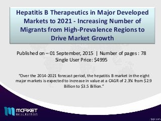Hepatitis B Therapeutics in Major Developed
Markets to 2021 - Increasing Number of
Migrants from High-Prevalence Regions to
Drive Market Growth
“Over the 2014-2021 forecast period, the hepatitis B market in the eight
major markets is expected to increase in value at a CAGR of 2.3% from $2.9
Billion to $3.5 Billion.”
Published on – 01 September, 2015 | Number of pages : 78
Single User Price: $4995
 