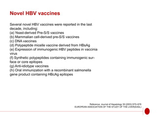 Novel HBV vaccines
Several novel HBV vaccines were reported in the last
decade, including:
(a) Yeast-derived Pre-S/S vaccines
(b) Mammalian cell-derived pre-S/S vaccines
(c) DNA vaccines
(d) Polypeptide micelle vaccine derived from HBsAg
(e) Expression of immunogenic HBV peptides in vaccinia
virus
(f) Synthetic polypeptides containing immunogenic sur-
face or core epitopes
(g) Anti-idiotype vaccines
(h) Oral immunization with a recombinant salmonella
gene product containing HBcAg epitopes
Reference: Journal of Hepatology 39 (2003) S70–S76
EUROPEAN ASSOCIATION OF THE STUDY OF THE LIVER(EASL)
 